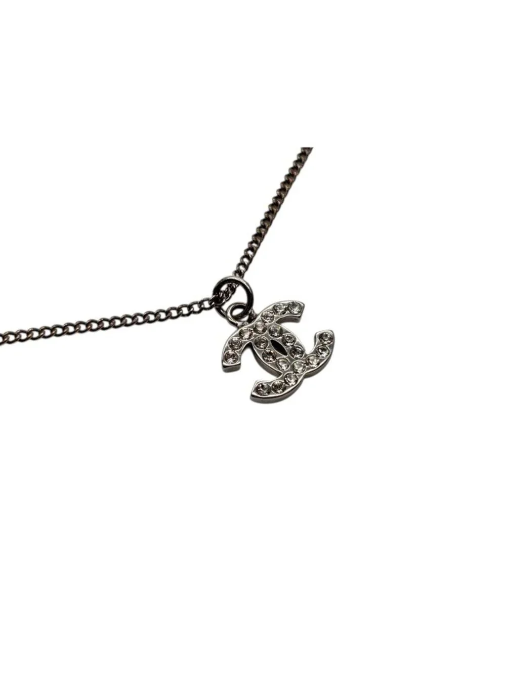 Chanel CC Logo Necklace 09 44 Rhinestone Metal Clear Silver